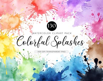 130 Watercolor Splash Clipart Set – Colorful Paint Splashes