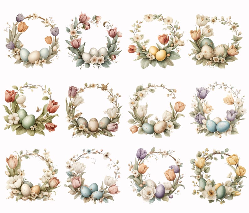 Tulip Easter Wreath Clipart Set - 12 Watercolor Spring Designs for ...