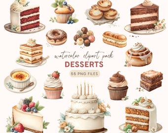 Desserts Clipart Set – 55 Watercolor Sweet Treats and Cakes For Digital Downloads And Crafting, PNG Bundle