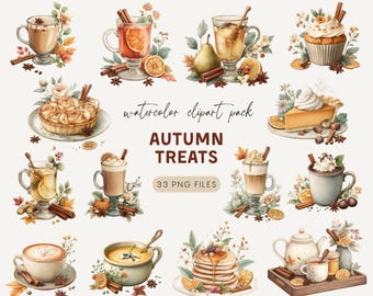 Autumn Treats Clipart – 33 PNG Watercolor Fall Drinks, Cozy Desserts & Seasonal Food for Cozy Fall Crafts
