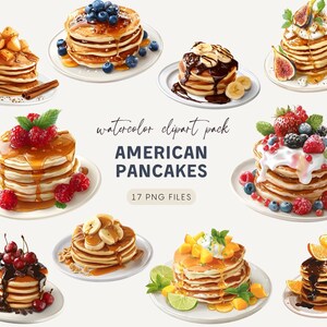 Può includere: Pacchetto di clipart ad acquerello con pile di pancake americani con vari condimenti, tra cui mirtilli, lamponi, banane e salsa al cioccolato. I pancake sono serviti su piatti bianchi. Il testo "AMERICAN PANCAKES" è visualizzato.