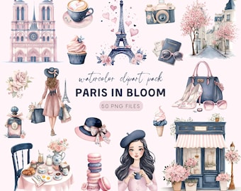Paris in Bloom Clipart Set – 50 PNG Watercolor Floral Paris Illustrations, Pink & Navy Travel, Fashion, Eiffel Tower for Digital Stickers