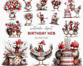 Födelsedagshöna Clipart – 22 PNG-illustrationer av udda kycklingar för kreativa projekt, roliga festdjur, höna med ballonger