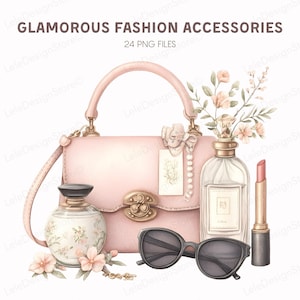 24 Glamorous Fashion Accessories PNG: Chic Watercolor Beauty and Style Clipart Collection, Women’s Essentials with Flowers, Pink Planner