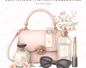 24 Glamorous Fashion Accessories PNG: Chic Watercolor Beauty and Style Clipart Collection, Women’s Essentials with Flowers, Pink Planner