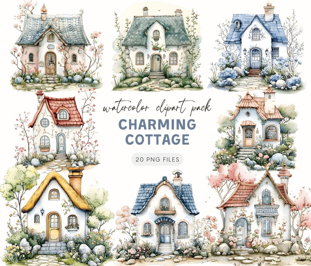 Charming Cottage Clipart Set - 20 Cozy Watercolor Houses With Gardens ...
