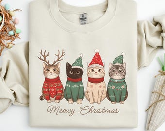 Meowy Christmas Shirt, Cat Christmas Sweatshirt, Cat Lover Xmas T-Shirt, Christmas Cat Mom Sweater, Catmas Gift For New Year, Xmas Crewneck