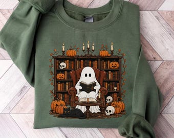 Sudadera retro con estampado de fantasmas leyendo, regalo de Halloween para bibliotecarios y profesores