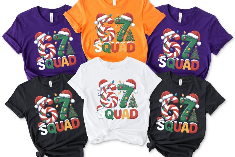 May include: A collection of short-sleeved t-shirts in various colors, including purple, orange, white, and black. Each shirt features a festive design with the number "67" decorated with candy canes and Christmas lights, along with the word "SQUAD".