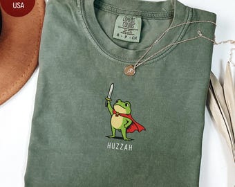 Comfort Colors Huzzah Frog with Sword Shirt, Medieval Frog Shirt, Funny Renaissance Faire Frog Gift, Whimsical Medieval, Frog Knight Shirt