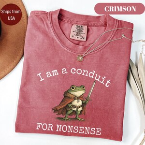 Peut inclure: T-shirt couleur cramoisi avec le texte "I am a conduit FOR NONSENSE" et un dessin de grenouille avec une &eacute;p&eacute;e. Le t-shirt a un col rond et des manches courtes. Un collier argent&eacute; avec un pendentif est pos&eacute; sur le t-shirt.