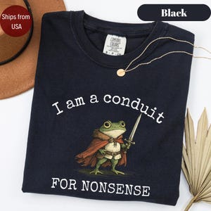 Peut inclure: T-shirt noir avec l'inscription "I am a conduit FOR NONSENSE" et un dessin de grenouille avec une &eacute;p&eacute;e et une cape. Le t-shirt a un col rond et une &eacute;tiquette Comfort Colors.
