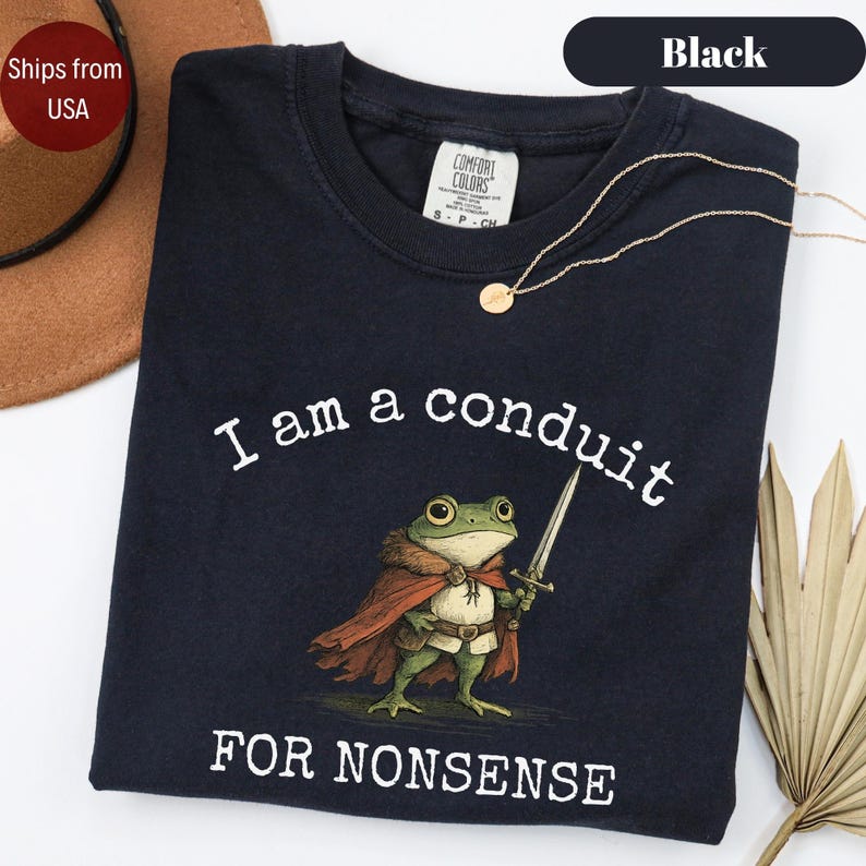 Peut inclure: T-shirt noir avec l'inscription "I am a conduit FOR NONSENSE" et un dessin de grenouille avec une &eacute;p&eacute;e et une cape. Le t-shirt a un col rond et une &eacute;tiquette Comfort Colors.