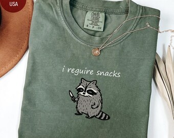 I Require Snacks Raccoon Tee, Funny Comfort Colors® Shirt, Goblincore Animal Lover Gift, Cozy Snack Gremlin Tee
