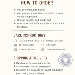 May include: A graphic with text detailing how to order a t-shirt, care instructions, and shipping information. The text includes steps for ordering, washing instructions, and shipping times. A circular logo with the text "Muyaz Design T-Shirt" is in the bottom right corner.