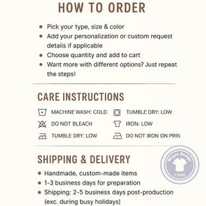 May include: A graphic with instructions for ordering, care, and shipping. The text includes "How to Order," "Care Instructions," and "Shipping & Delivery." A circular logo with the text "Muyaz Design" and a T-shirt graphic is in the bottom right corner.
