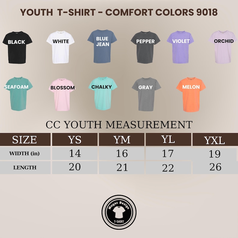 May include: A graphic showing various youth t-shirt colors, including black, white, blue jean, pepper, violet, and orchid. The image also displays measurements in inches for different sizes: YS, YM, YL, and YXL. The text reads "YOUTH T-SHIRT - COMFORT COLORS 9018."