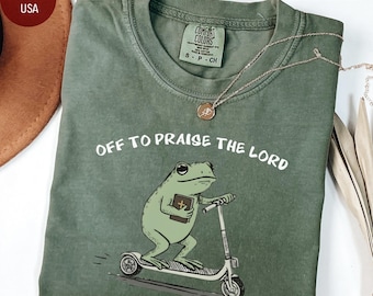 Camiseta cristiana Comfort Colors, unisex, teñida en prenda, divertida rana que sale a alabar al Señor, camiseta de estudio bíblico, humor de fe en la iglesia de Jesús.