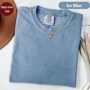 Könnte beinhalten: Ein eisblaues T-Shirt mit Rundhalsausschnitt, garment-dyed Finish und einem Comfort Colors Markenetikett am inneren Halsausschnitt. Eine zarte goldfarbene Kette mit einem kleinen runden Anhänger mit Blumengravur liegt auf dem Stoff.