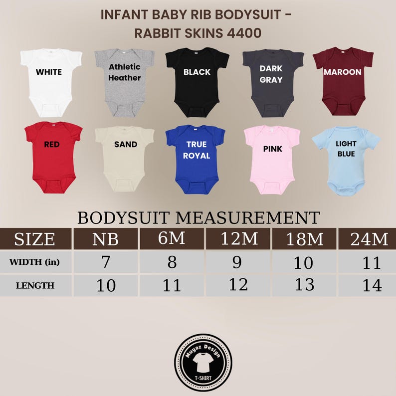 May include: A variety of infant baby rib bodysuits in multiple colors, including white, black, red, and blue. The image displays size and measurement information in inches for each bodysuit, ranging from newborn to 24 months.
