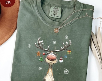 Maglietta con renna vintage Comfort Colors®, maglietta natalizia carina, maglietta con renna retrò, maglietta di buon Natale, maglietta con renna natalizia