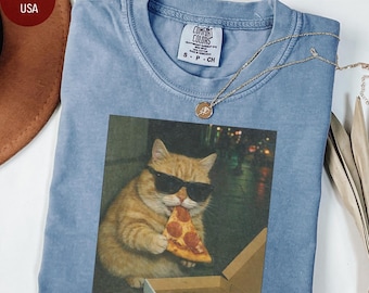 Funny Cat Eating Pizza Shirt, Pizza Lover Meme Graphic Tee, Cute Foodie Cat Top, Gift for Men Women, Streetwear Snack Lover T Shirt