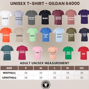 May include: A product image showcasing a variety of Gildan 64000 unisex t-shirts in various colors, including white, black, and red. The image also displays a size chart with measurements in inches, ranging from S to 2XL, with widths from 18 to 26 inches.