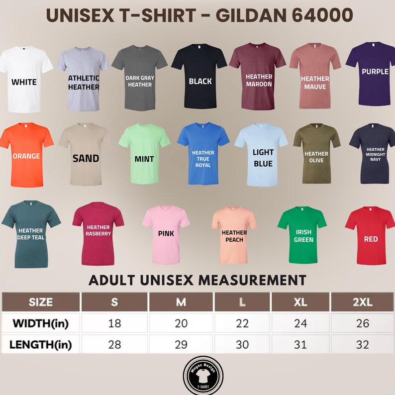 May include: A product image showcasing a variety of Gildan 64000 unisex t-shirts in various colors, including white, black, and red. The image also displays a size chart with measurements in inches, ranging from S to 2XL, with widths from 18 to 26 inches.