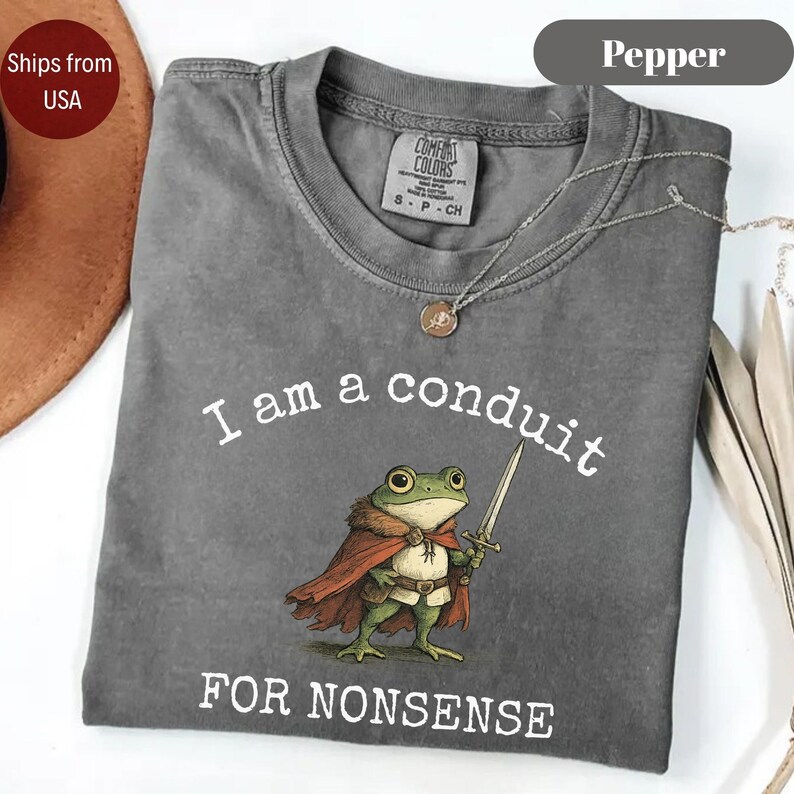 Peut inclure: Un t-shirt gris Comfort Colors avec le texte "I am a conduit FOR NONSENSE" et une grenouille de dessin anim&eacute; tenant une &eacute;p&eacute;e. La grenouille porte une cape rouge. Un collier argent&eacute; avec un pendentif est sur le t-shirt.