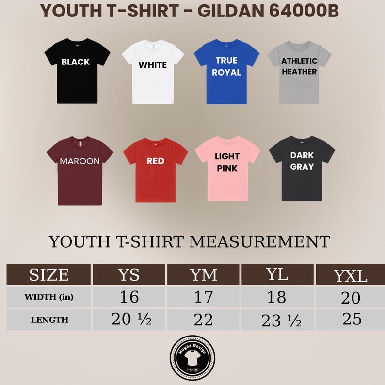 May include: A display of youth t-shirts in various colors, including black, white, true royal, athletic heather, maroon, red, light pink, and dark gray. The image also shows a size chart with measurements in inches for youth sizes YS, YM, YL, and YXL.