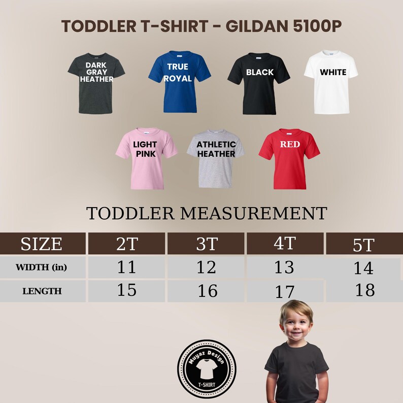 May include: Image of toddler t-shirts in various colors, including dark gray, true royal, black, and white. The image also shows size measurements in inches for widths from 11 to 14 inches and lengths from 15 to 18 inches.