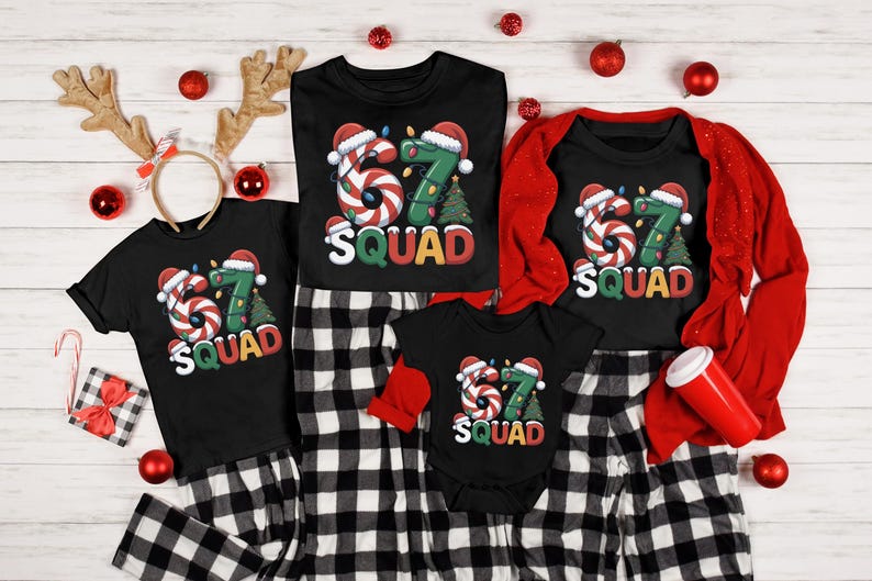 May include: A collection of matching black shirts and pajamas with a Christmas theme. Each shirt features a candy cane-style "67" design with a Santa hat and the word "SQUAD". The pajamas are black and white checkered.