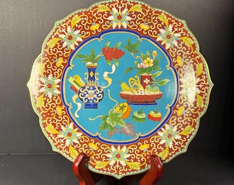 ヴィンテージの中国製七宝焼き皿、緑地に梅の花模様 - Etsy 日本