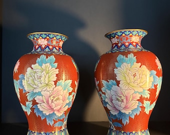Vintage Chinese Cloisonné Vases: Red Peony Floral Enamel, 10 Inch