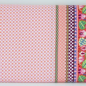 May include: Pink and white checkered fabric with a colorful floral border. The border features pink, green, blue, and white flowers on a red background.