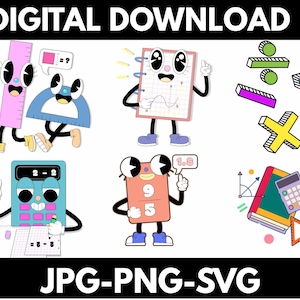 Könnte beinhalten: Digitaler Download-Grafik mit Mathe-Werkzeugen und Symbolen im Cartoon-Stil. Enthält ein Lineal, einen Winkelmesser, ein Notizbuch, einen Taschenrechner und einen Zahlenblock, jeweils mit animierten Gesichtern. Enthält auch mathematische Symbole.