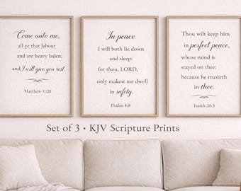 Christliches Erbe Kunst 3er-Set Neutrale Bibel KJV Verse, Drucke Glaube Schrift Galerie, Minimal Christian Home Matthäus 11 Psalm 4 Jesaja 26