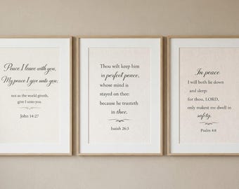 Christlicher Frieden Wandkunst 3er-Set, Bibelversdrucke, neutrales Schriftdekor, friedliche Schlafzimmerwandkunst, Jesaja 26 3 Psalm 4 8 Johannes 14 27