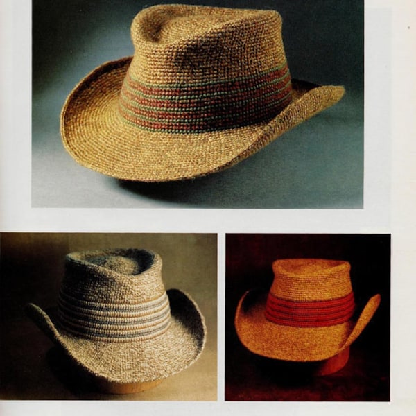 English written- Crochet hat shaped brim cowboy Vintage 1970s English pattern PDF