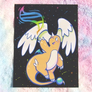 May include: A cartoon dragon illustration with cream wings and a light orange body against a black starry background. The dragon has a rainbow tail and holds a blue and green orb.