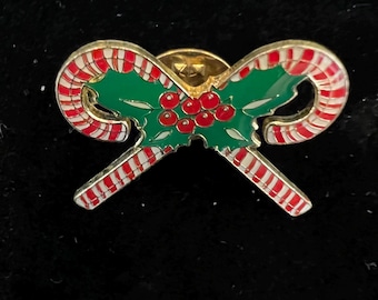 Vintage Christmas Candy Cane Lapel Pin with Enamel and Gold Plating