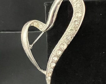 Vintage Crystal Dual Silver Tone Crystal Heart Brooch