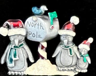Vintage Signed KC Kenneth Cole North Pole Christmas Penguins Glitter Brooch