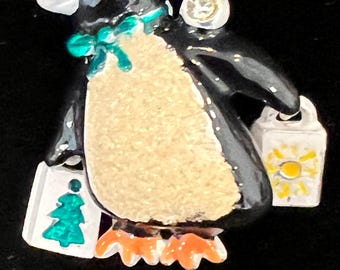 Vintage Enameled Christmas Penguin Brooch  with Rhinestone Accents