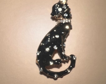 Vintage Black Enamel and Rhinestone Leopard or Panther Brooch