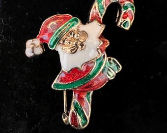 Vintage Enamel Santa and Candy Cane Christmas Brooch
