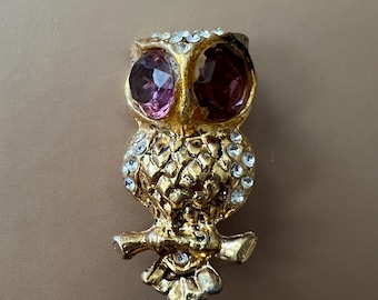 vintage Gold-Tone Owl Brooch with Purple and Clear Rhinestones #2