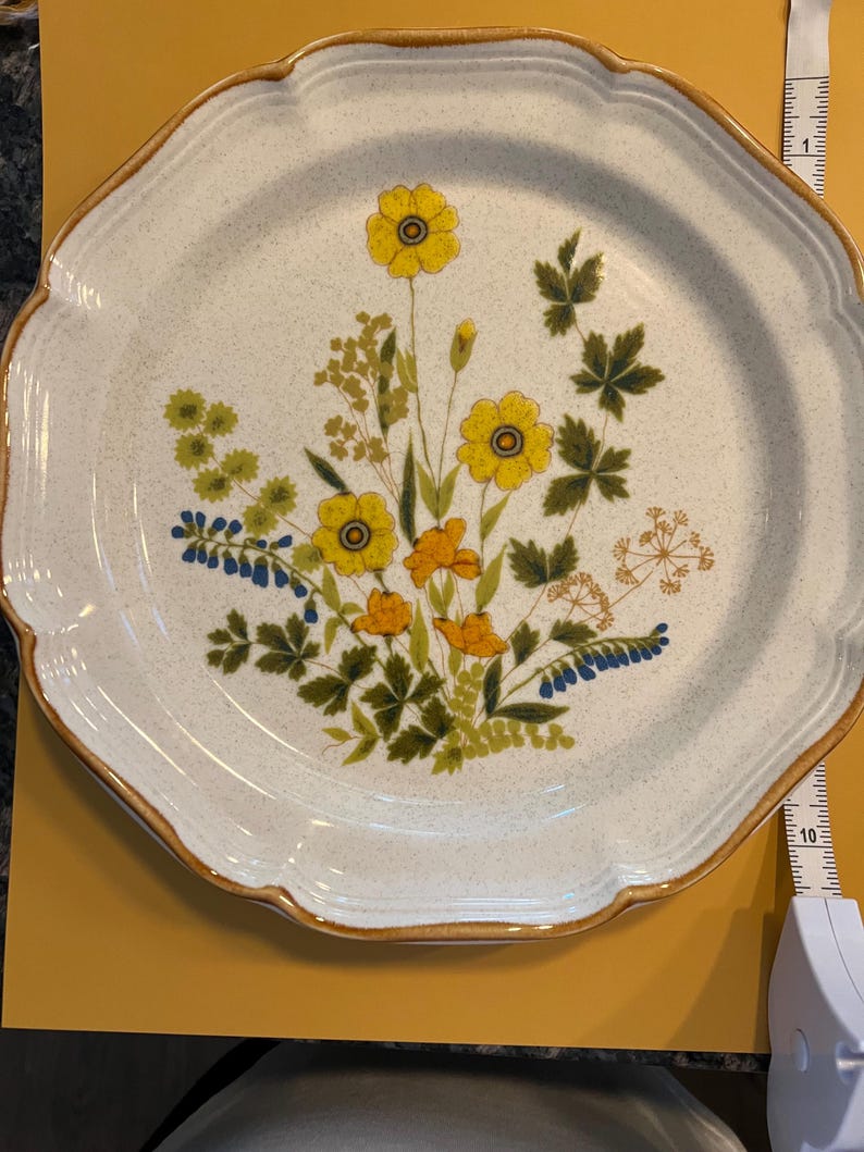 Pu&ograve; includere: Un piatto in ceramica bianca con bordo smerlato e motivo floreale. Il piatto presenta fiori gialli, arancioni e blu con foglie verdi. Il bordo ha un bordo marrone. Il piatto misura circa 25 cm di diametro.