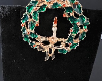 Vintage Gerry's Christmas Wreath Brooch, Gold Tone Holly Berry Pin