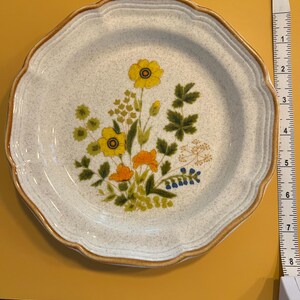 Pu&ograve; includere: Un piatto vintage in ceramica con bordo smerlato e design floreale. Il piatto presenta fiori gialli, arancioni e blu con fogliame verde su uno sfondo bianco maculato. Il bordo ha un bordo marrone.